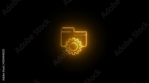 Neon folder with gear icon animation on black background. 4k vedio