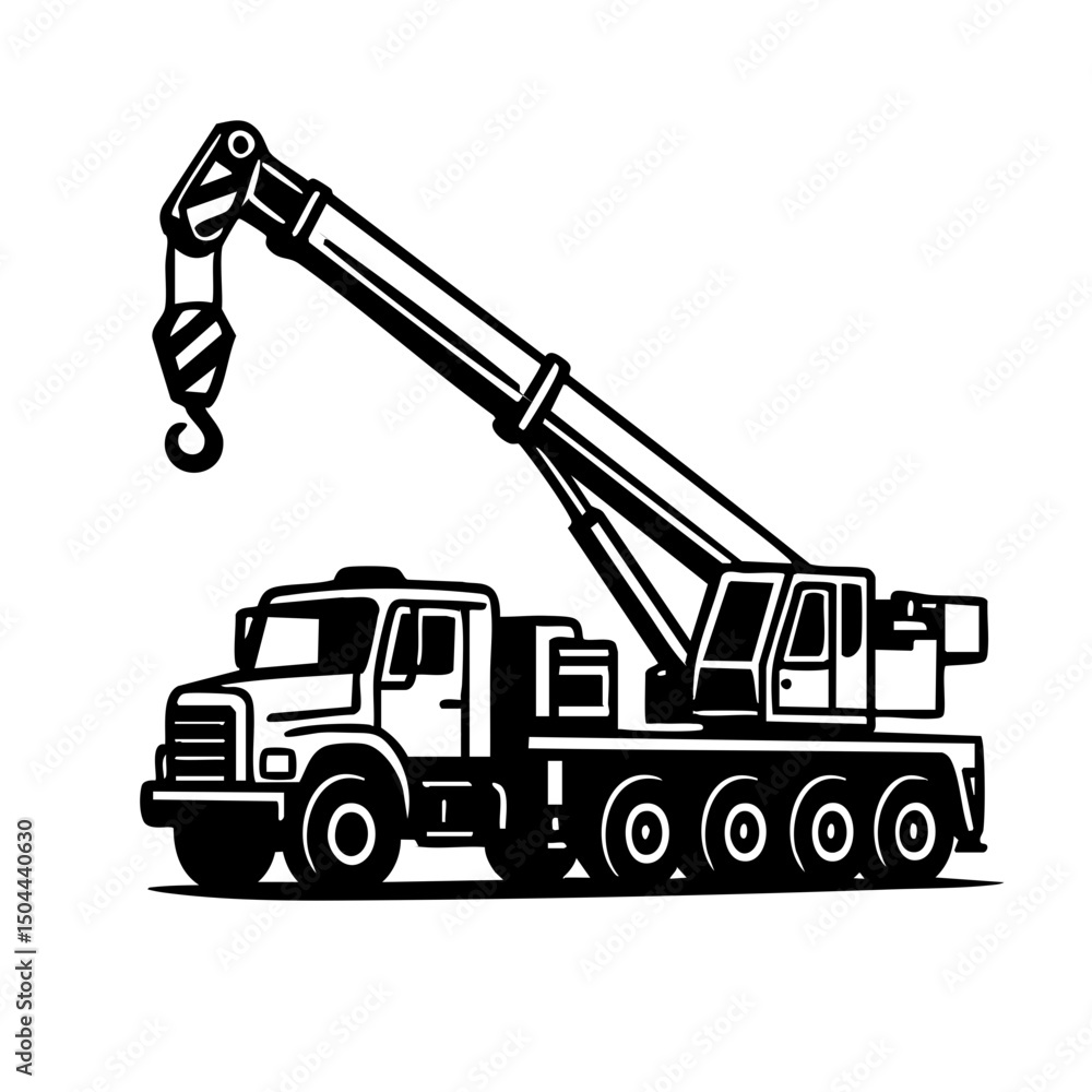 Naklejka premium Crane Truck Vector Black and White Clipart Cut File Svg Silhouette Isolated