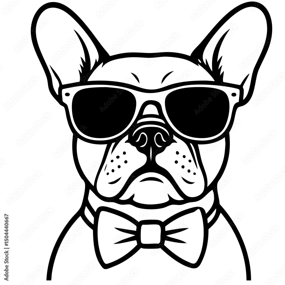 Fototapeta premium Frenchie With Sunglasses Vector Black and White Clipart Cut File Svg Silhouette Isolated