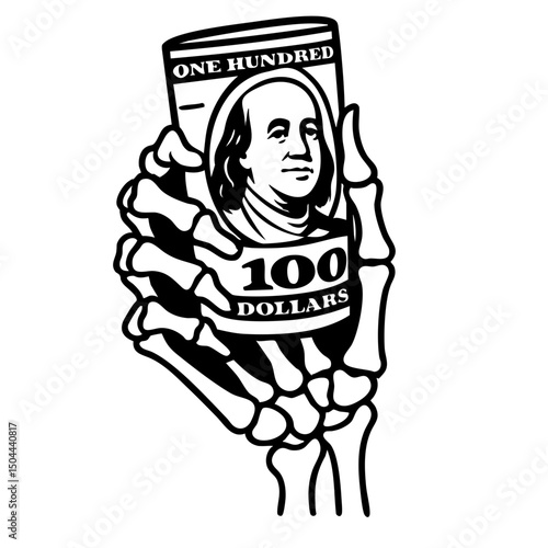 Skeleton Hand Holding 100 Dollars Vector Black and White Clipart Cut File Svg Silhouette Isolated