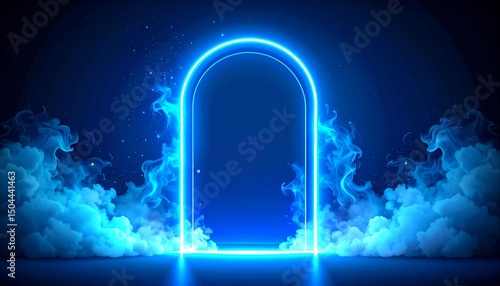 Neon door with smoke, blue glowing portal, futuristic arch gate, magic border with