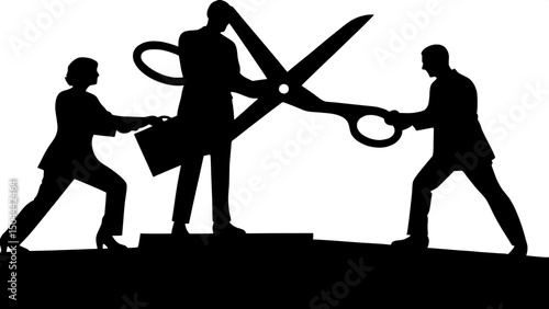 "Design an abstract corporate struggle scene in a flat graphic style, with four business silhouettes manipulating enormous scissors against a white background, symbolizing competition and strategic pr