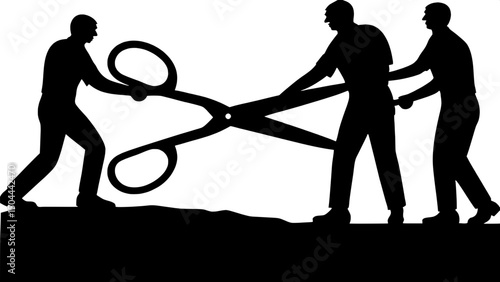 "Design an abstract corporate struggle scene in a flat graphic style, with four business silhouettes manipulating enormous scissors against a white background, symbolizing competition and strategic pr