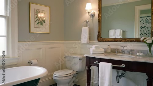 Charming classic bathroom featuring a freestanding tub, vintage-style toilet, and elegant vanity. Perfect for period home showcases or boutique hotel visuals, exuding timeless appeal. 4k 60 fps.
