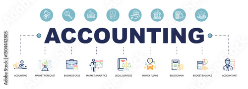 Accounting banner web icon for business company, audit, ledger, income statement, balance sheet, expenses, calculation and consultation. SEO, Sign, Business. Cartoon infographics. Vector illustration