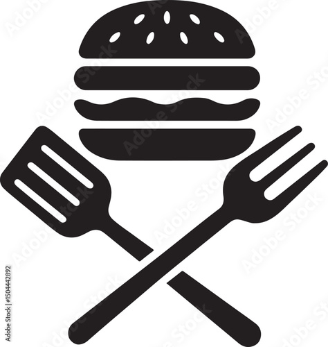 Silhouette vector of a burger above crossed spatula and fork, ideal for grilling, barbecue, food branding, and restaurant logo designs.