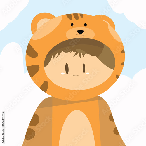 Boy in Tiger Costume: A charming illustration of a cute boy dressed in a whimsical tiger costume, set against a soft sky backdrop, evokes feelings of innocence and playful joy.