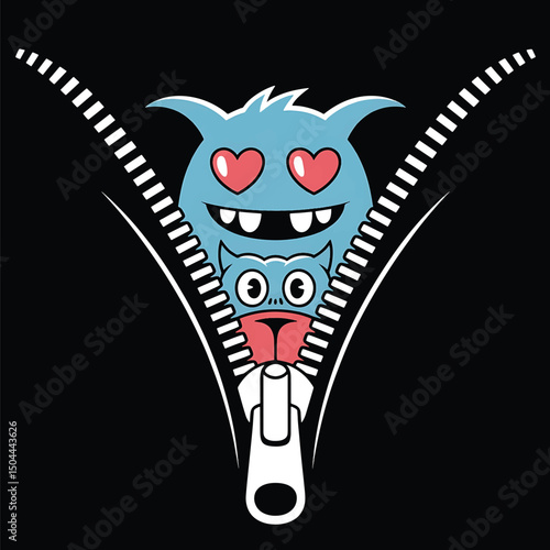 a monster peeking out from behind a zipper design art illustration premium quality