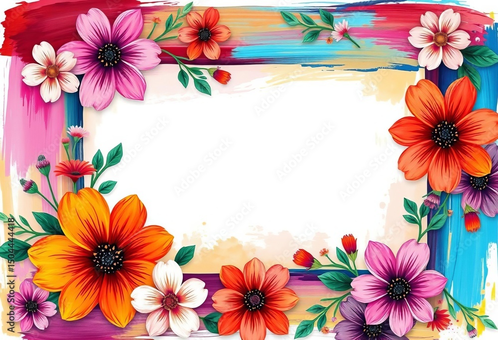 Whimsical painted floral brushstrokes form a vibrant rectangular frame, artistic, element Whimsical painted floral brushstrokes form a vibrant rectangular frame, artistic, element