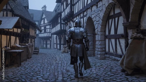 Knight walks through medieval village at dusk on a cobblestone street