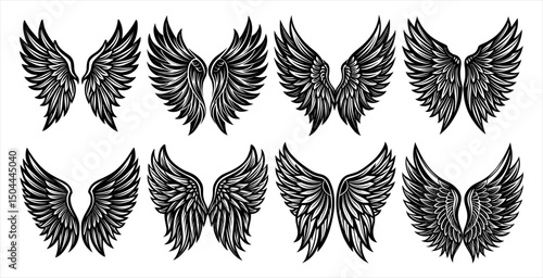 Seraphic Angel Wings and Bird Feathers – Decorative Vector Art Set for Tattoo Artists, Logo Creators, and Fantasy Graphic Design Themes.
