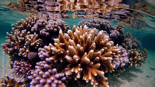 Vibrant coral reef teeming with marine life in crystal-clear waters of tropical paradise