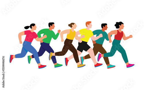 Colorful illustration of group of people, Abstract runners figures, running marathon together.