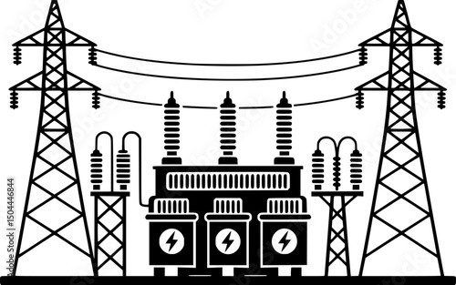 Simple Line Drawing of an Electrical Transformer Station and Power Lines