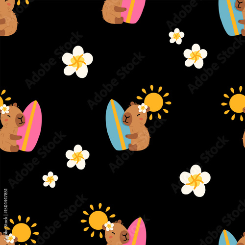 Seamless pattern with cute summer capybaras in various poses and items. Hand drawn cartoon flat style. Vacation seasonal template for design, kids collection