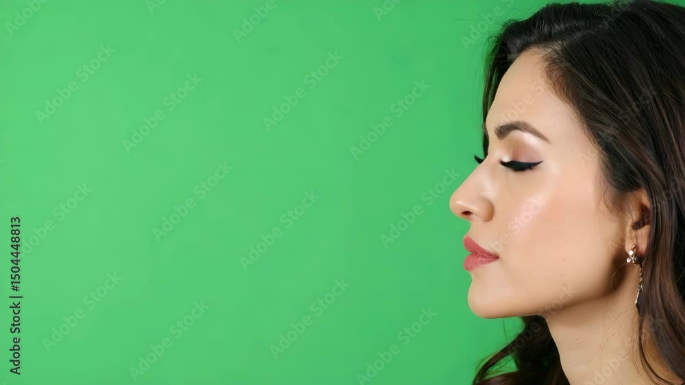 Woman with long dark hair posing against a lush green background in a natural setting Woman with long dark hair posing against a lush green background in a natural setting