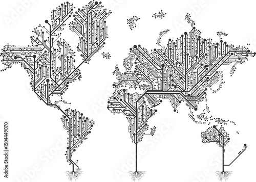 World map connected by circuit board lines and tree roots