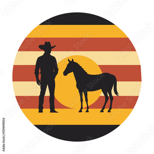 Cowboy Riding Horse On Retro Sunset