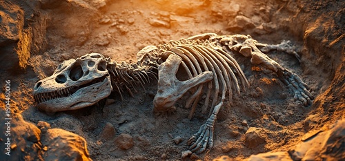 Fossilized remains of a dinosaur skeleton discovered in an archeological dig site