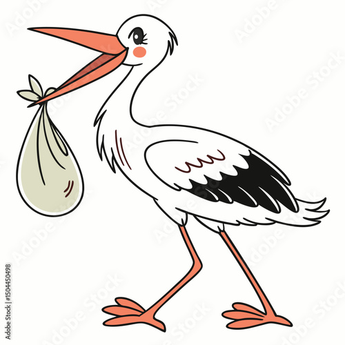 Cartoon stork carrying a baby in a bag. Children's vector illustration. Isolated on white background. Side view.