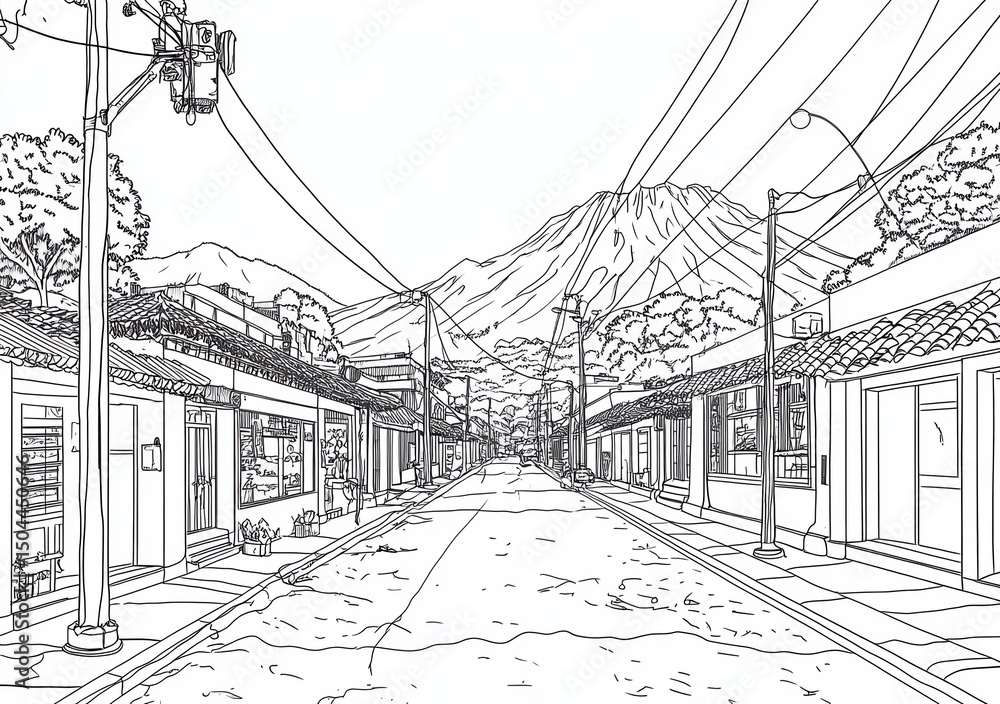 Fototapeta premium Vicolo paesaggistico in bianco e nero con sfondo montuoso