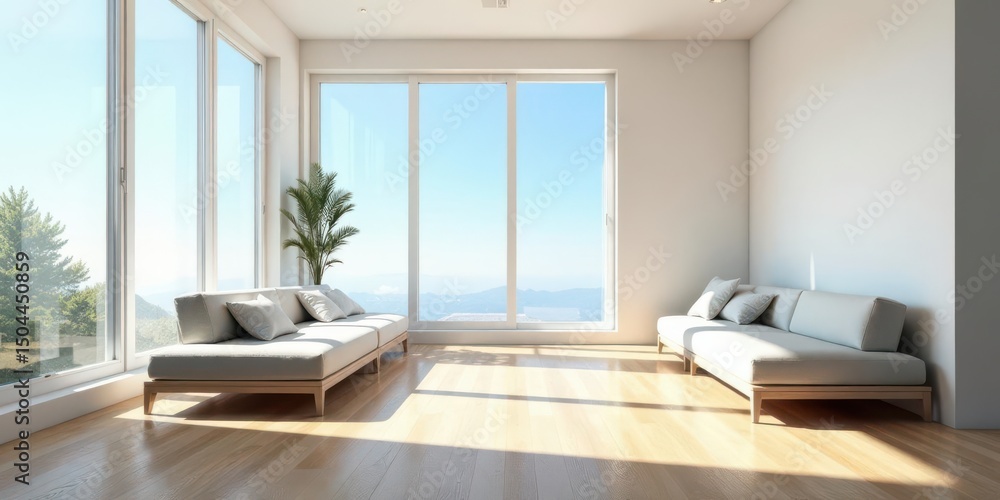 Obraz premium Serene Minimalist Living Room with Expansive Window Views and Sunlight Streaming Through