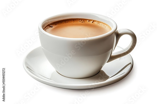 Creamy Latte in White Cup and Saucer, Coffee Drink on White Background, Isolated Shot