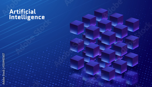 AI technology big data futuristic geometric cube system banner landing page vector illustration concept robot Sci-Fi brain machine learning web application website template