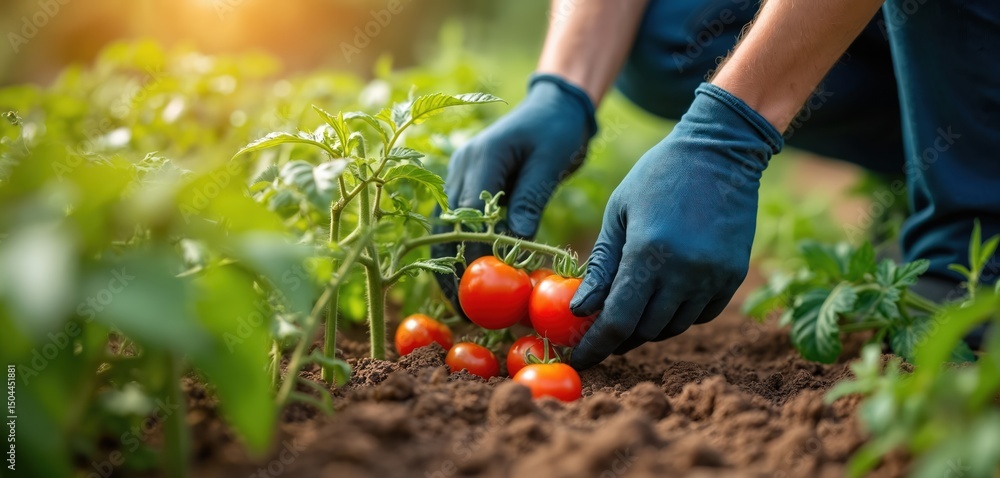 Fototapeta premium Farmer tending tomato plants in garden, ready harvest. Hands in blue gloves carefully pick ripe red tomatoes. Organic food. Fresh vegetables from farm. Agriculture work. Summer season, eco production.