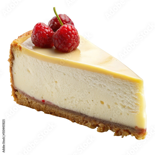 Delicious creamy cheesecake slice topped with raspberries isolated on transparent background