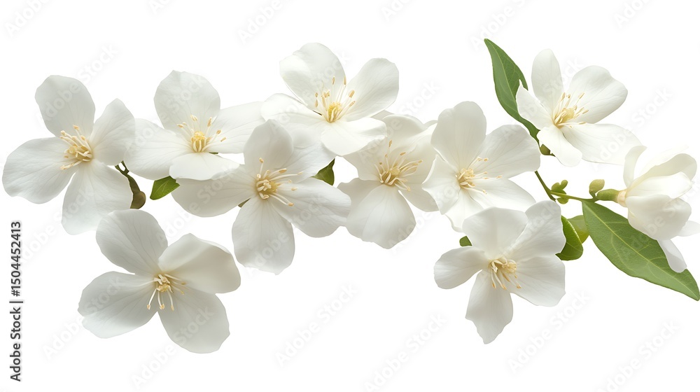 Delicate Branch of Mock Orange Blossoms with Green Leaves on White Delicate Branch of Mock Orange Blossoms with Green Leaves on White