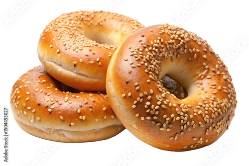 Three sesame seed bagels stacked isolated on transparent background