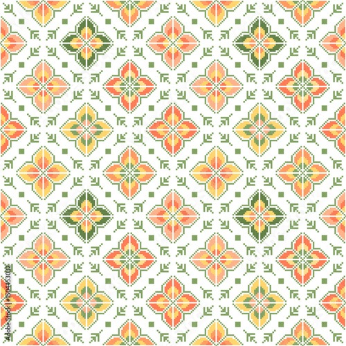  Geometric pixel art pattern. Abstract pixel art geometric pattern design for fabric, carpet, tile, clothing, embroidery, needlepoint and background. Vector pixel art seamless motif Native American 