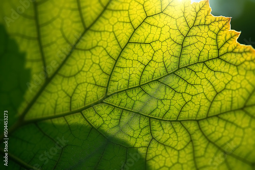 Macro photo of a backlit leaf showing glowing translucent veins that mimic the branching complexity of a city’s road map under the sun. AI-generated