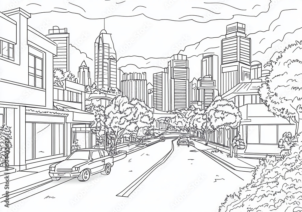 Fototapeta premium Monochromatic Cityscape Sketch