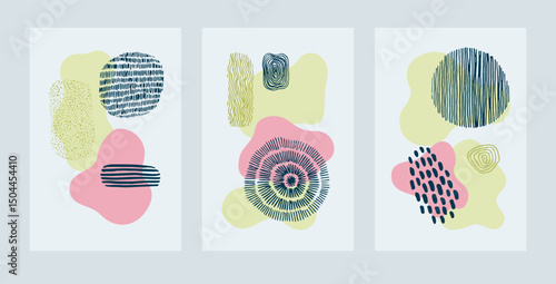 Abstract posters with graphic elements, lines, spots and organic shapes. Collection of vector illustration for poster, cover, card, invitation, flyer, brochure or banner design.