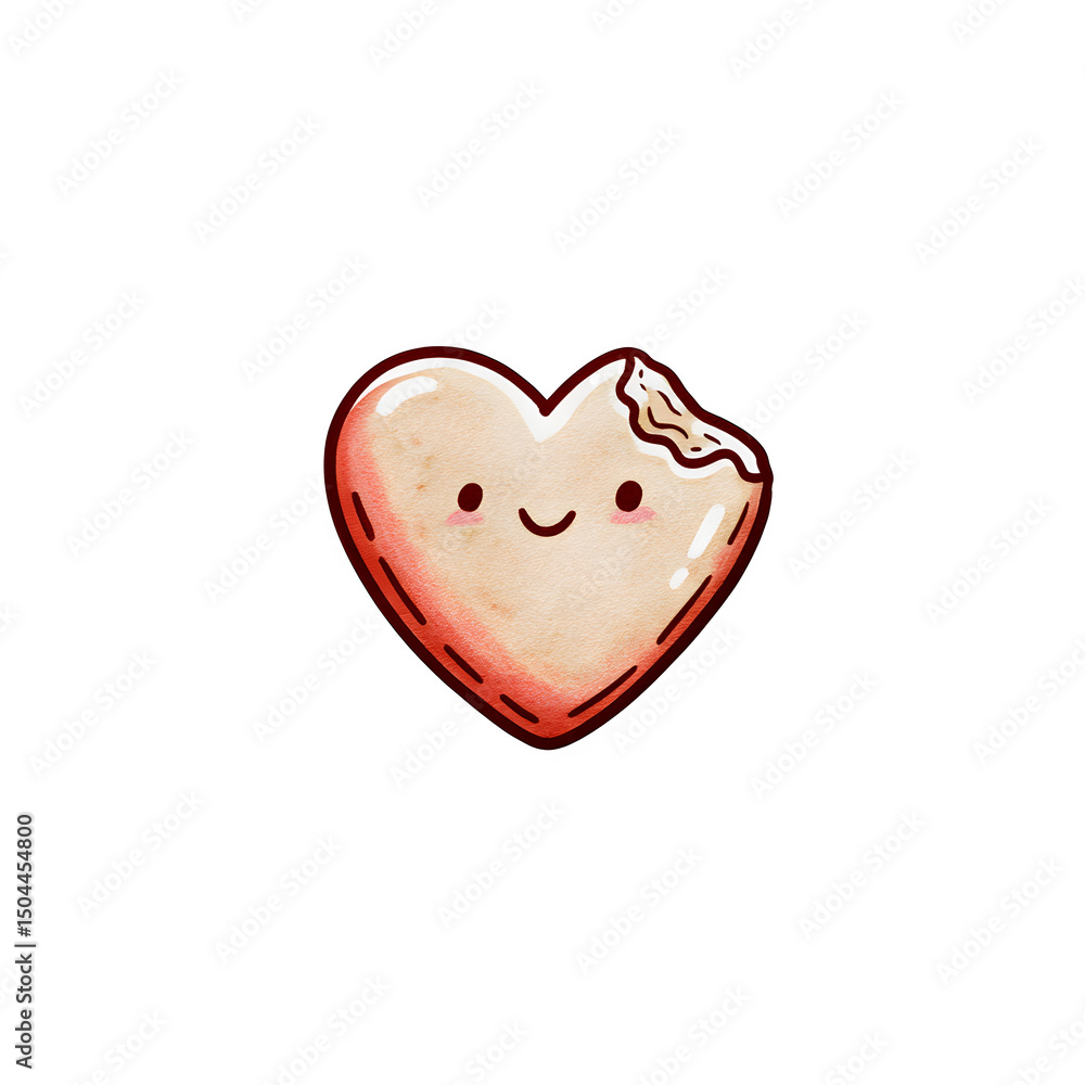 Adorable line art of a heart-shaped cookie with a bite taken out and a smile, pastel tan and red, sweet self-love theme, white background Adorable line art of a heart-shaped cookie with a bite taken out and a smile, pastel tan and red, sweet self-love theme, white background