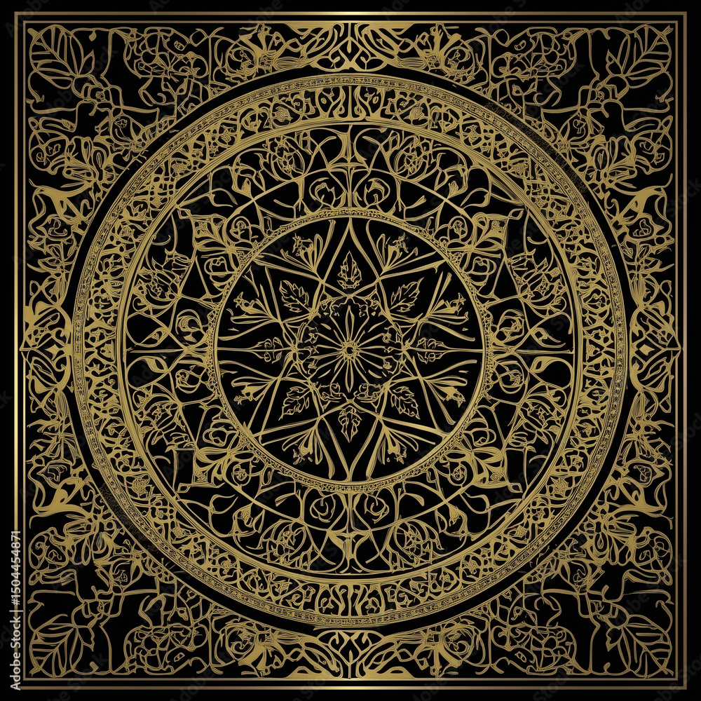 Intricate Islamic mandala pattern in gold on black background  