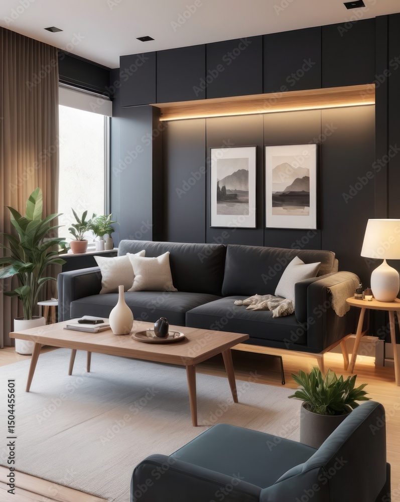Modern living room with dark accents and natural elements Modern living room with dark accents and natural elements