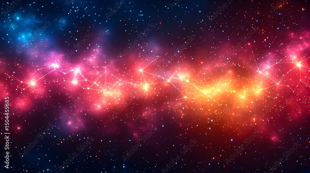 Naklejka premium A vibrant nebula swirls with crimson, orange, and blue hues, punctuated by bright.