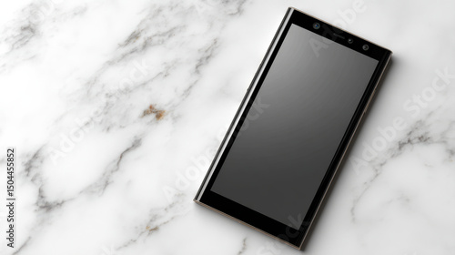 Smartphone with black screen on white marble surface, showing modern design and sleek edges in clean setting