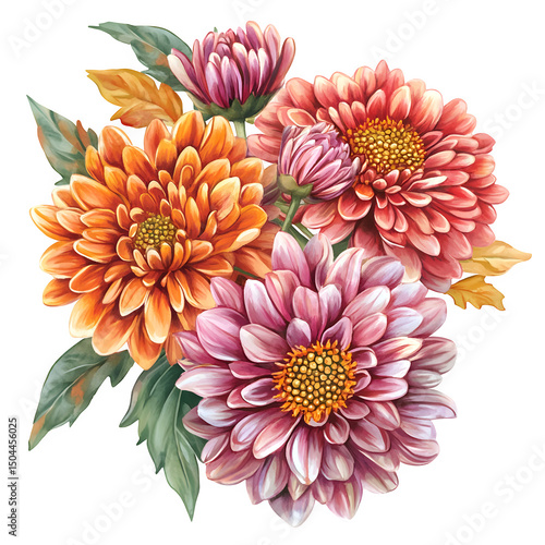 Fototapeta Naklejka Na Ścianę i Meble -  Autumn-themed floral bouquet with orange and pink chrysanthemums, watercolor vector