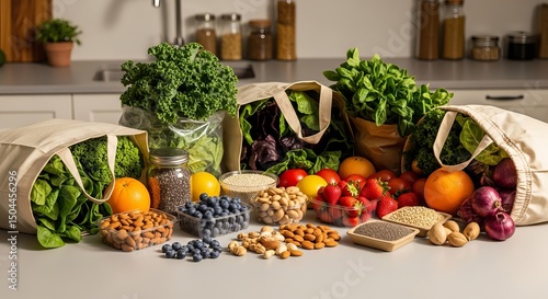 Fresh vegetables and groceries on kitchen counter