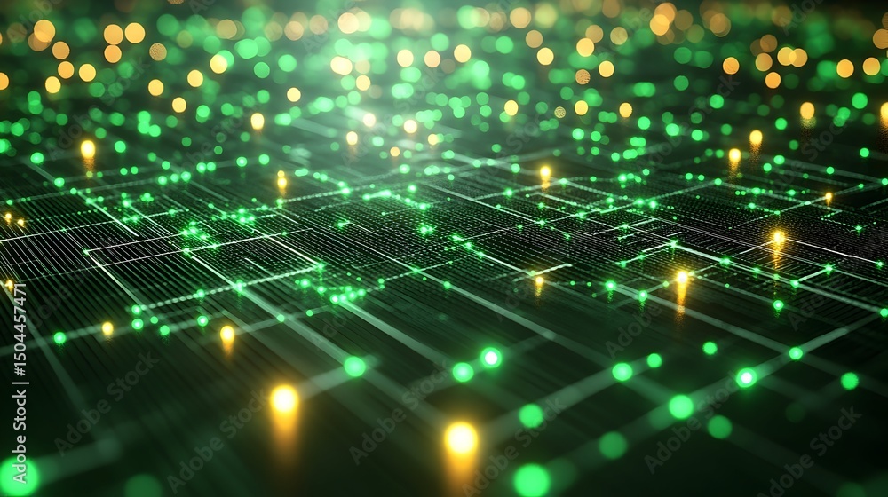 Obraz premium Abstract digital network depicted with glowing nodes and connecting lines forming a grid pattern on a dark background, with warm and cool light accents