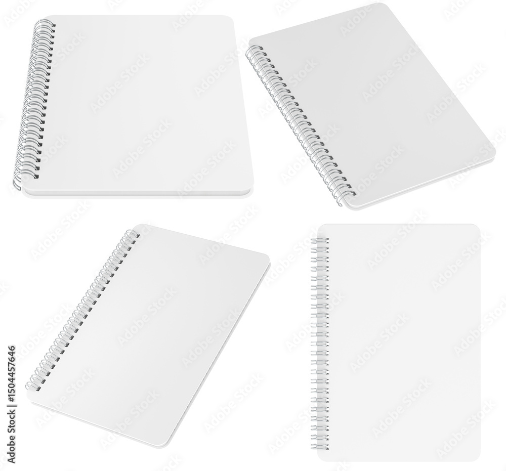 Blank Spiral Notebook Mockup, Multiple Angles. 3D Rendering isolated on transparent background Blank Spiral Notebook Mockup, Multiple Angles. 3D Rendering isolated on transparent background