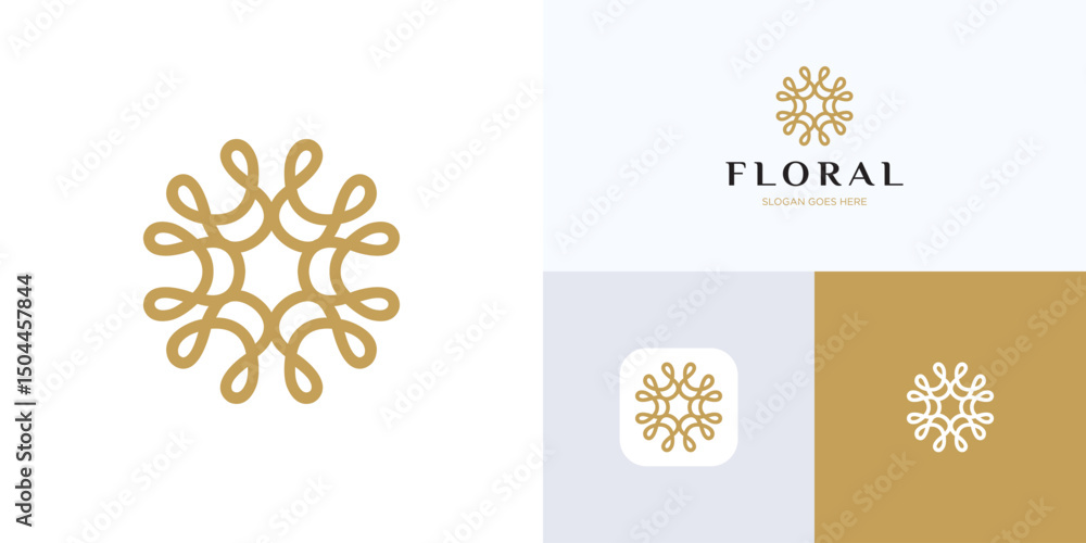 Elegant Golden Floral Logo Icon Design With Symmetrical Shapes For Luxury Perfect, Symbol Monoline Art Flower With Gold Color For Brand Identity and Business Company, Vector Illustration Template Elegant Golden Floral Logo Icon Design With Symmetrical Shapes For Luxury Perfect, Symbol Monoline Art Flower With Gold Color For Brand Identity and Business Company, Vector Illustration Template