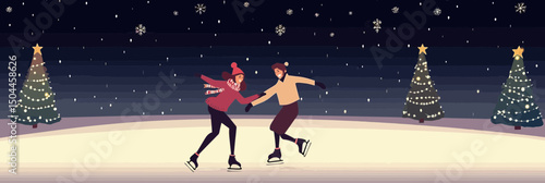 Couple holding hands ice skating on outdoor rink at night with decorated Christmas trees and snowy winter holiday scene flat vector illustration