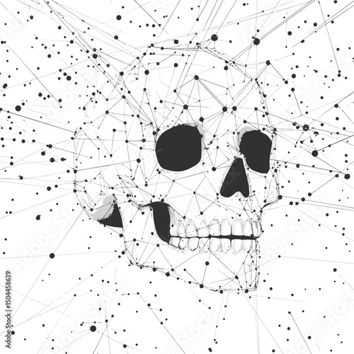 Digital human skull composed of interconnected polygonal lines and black dots on white background abstract technology mesh structure vector illustration