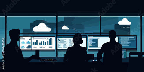 Silhouettes of three developers working on multiple screens with data analytics code and cloud computing graphics in modern office at night