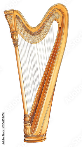 Golden harp musical instrument with intricate decorative carvings and strings illustration isolated on white background in detailed watercolor style vector image